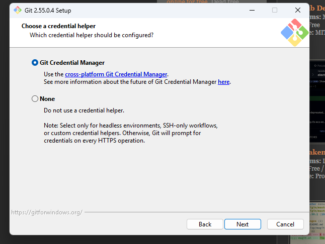 Git for Windows installer with Git Credential Manager selected as the credential helper