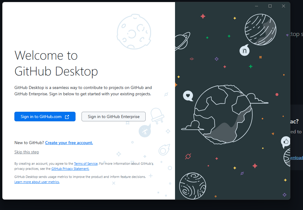GitHub Desktop welcome screen offering GitHub.com sign-in