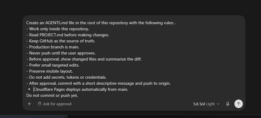 Codex prompt listing repository rules for AGENTS.md including review and push controls
