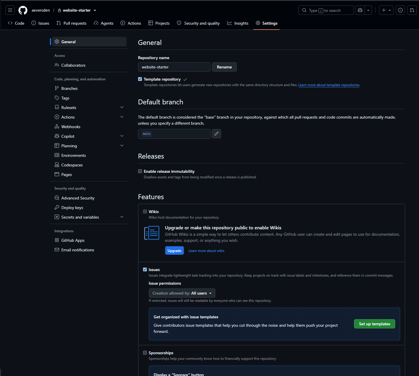 GitHub repository settings with Template repository enabled and main as the default branch