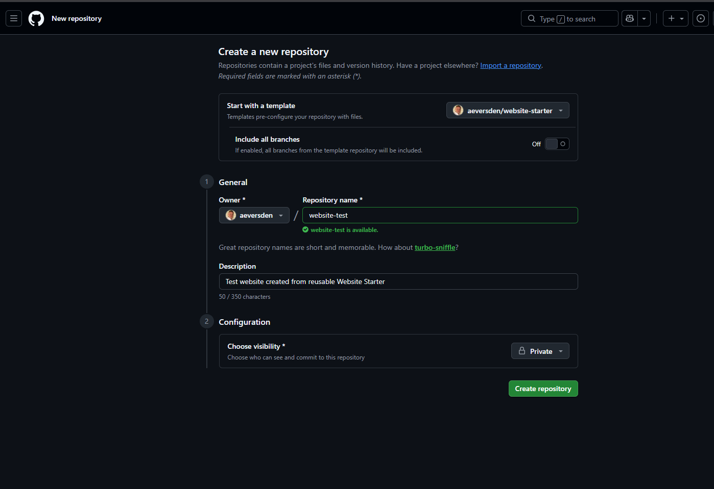 GitHub form creating the private website-test repository from the website-starter template