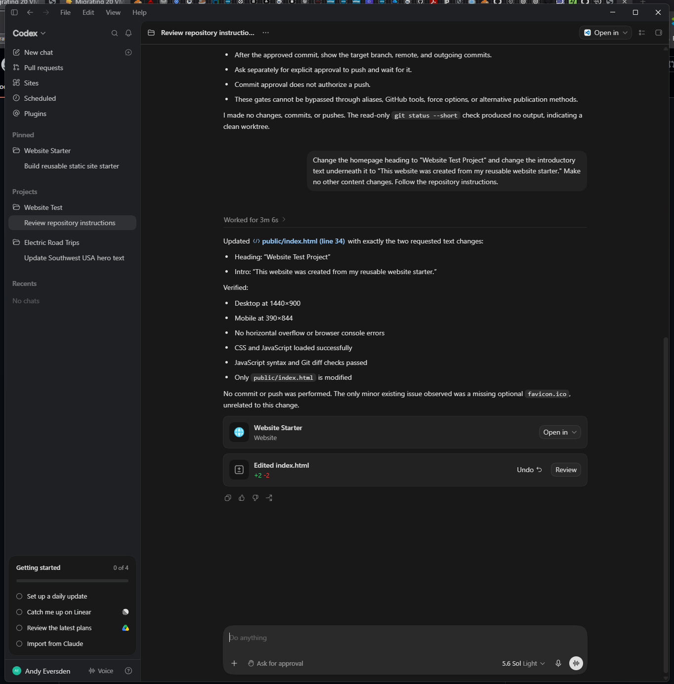Codex review summary showing the exact homepage changes and desktop and mobile verification