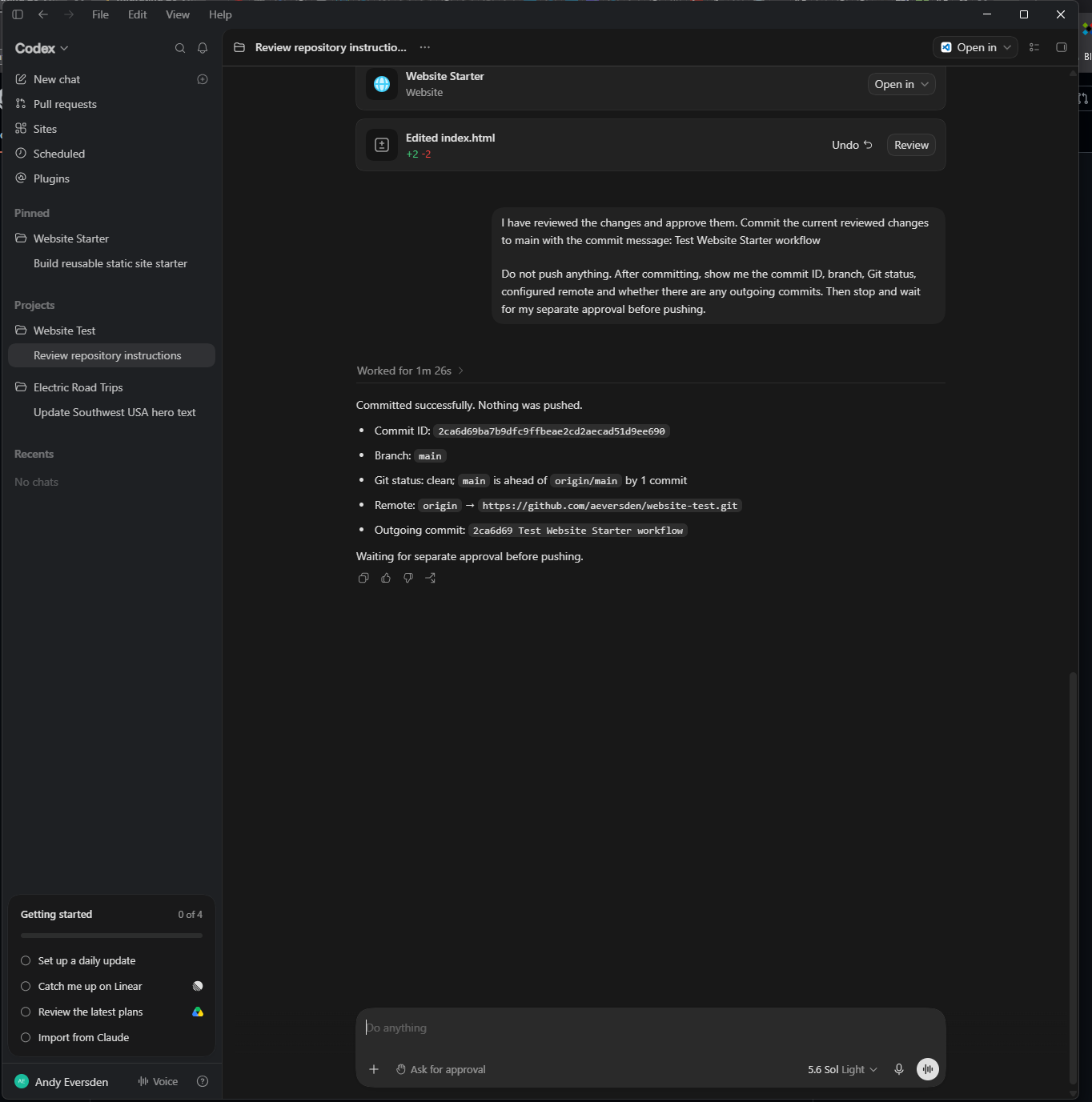 Codex post-commit report showing commit ID, main branch, clean status and one outgoing commit