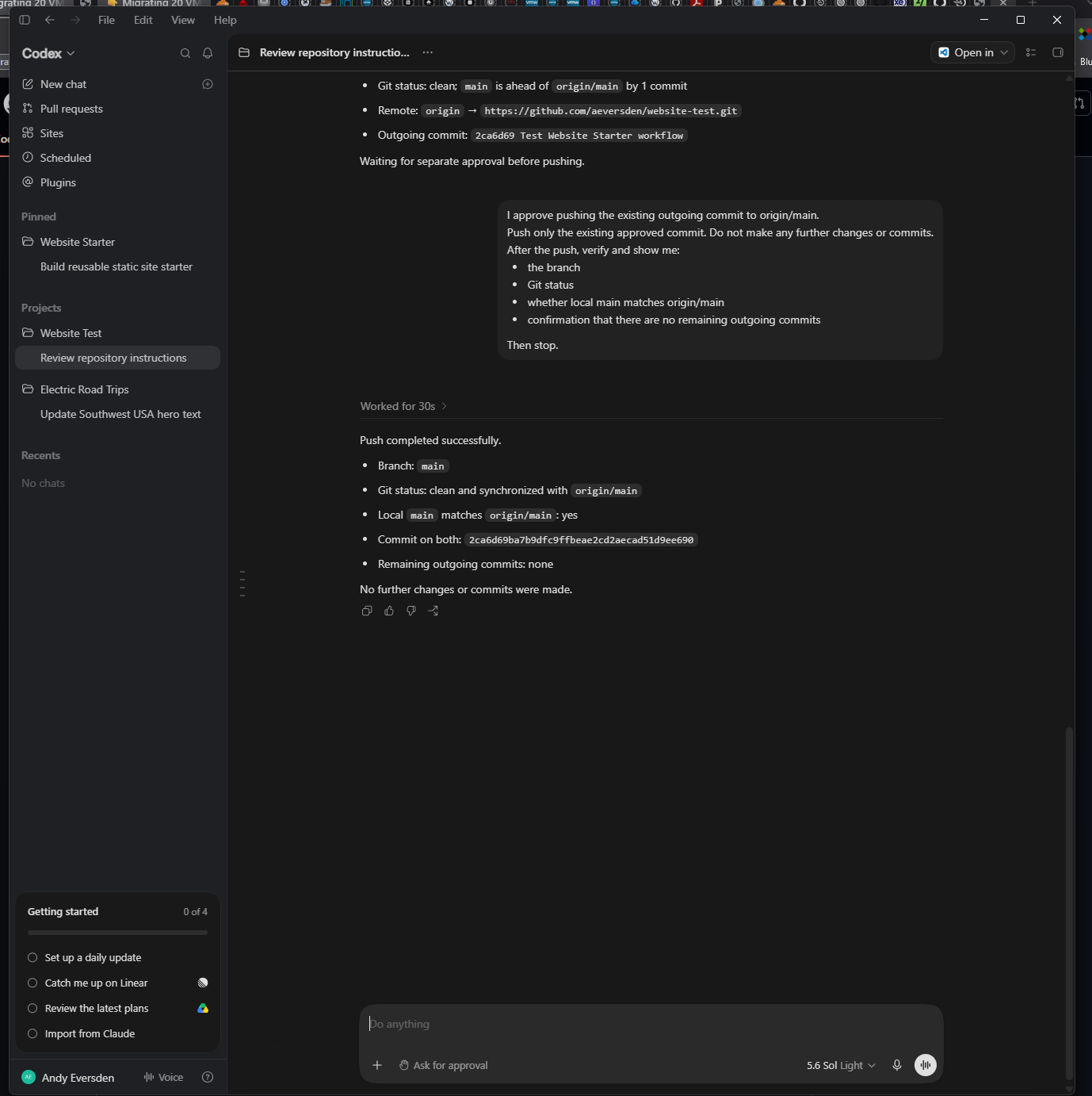 Codex conversation showing separate push approval and successful synchronized Git status
