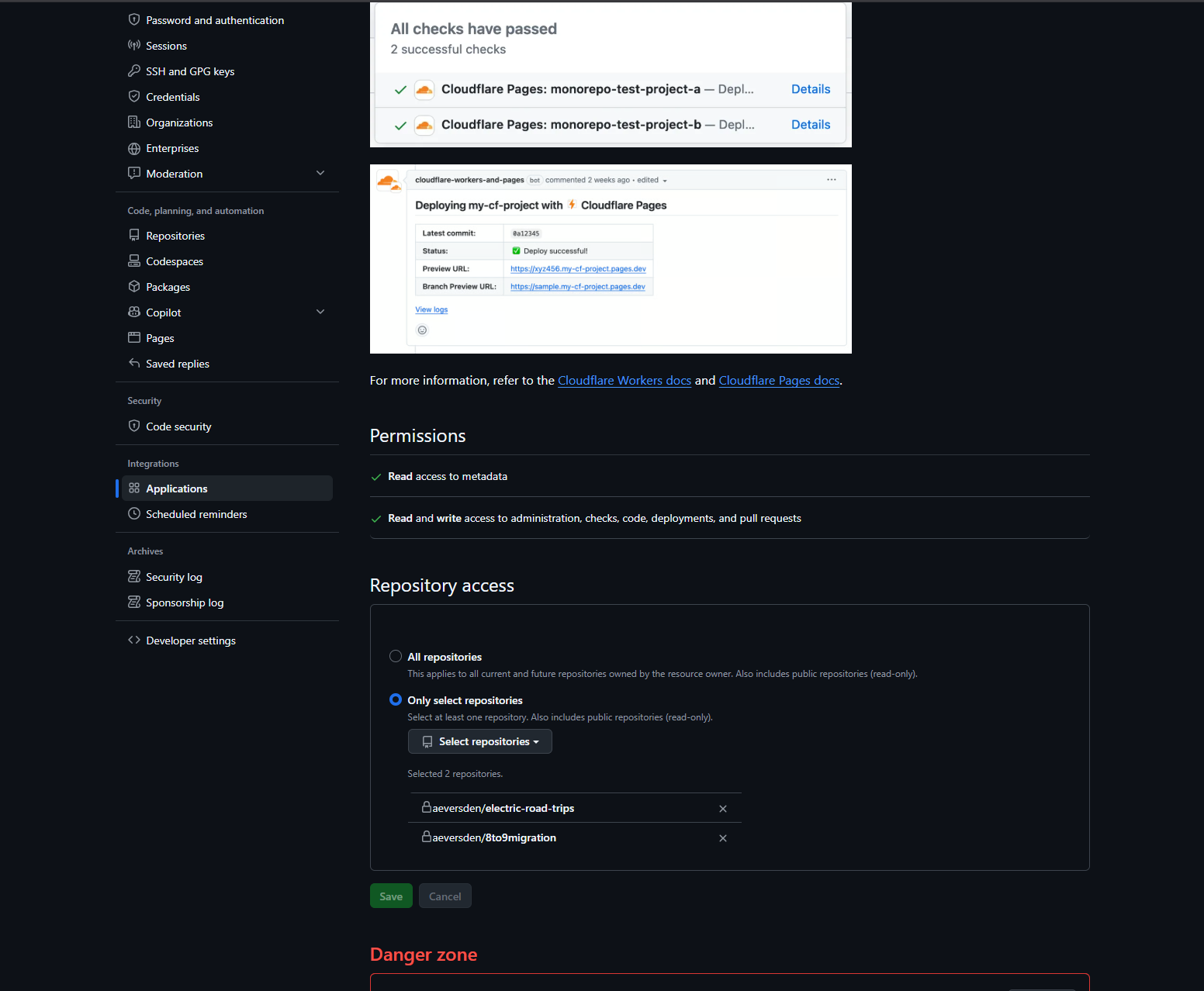 GitHub Cloudflare Pages application permissions with Only select repositories enabled