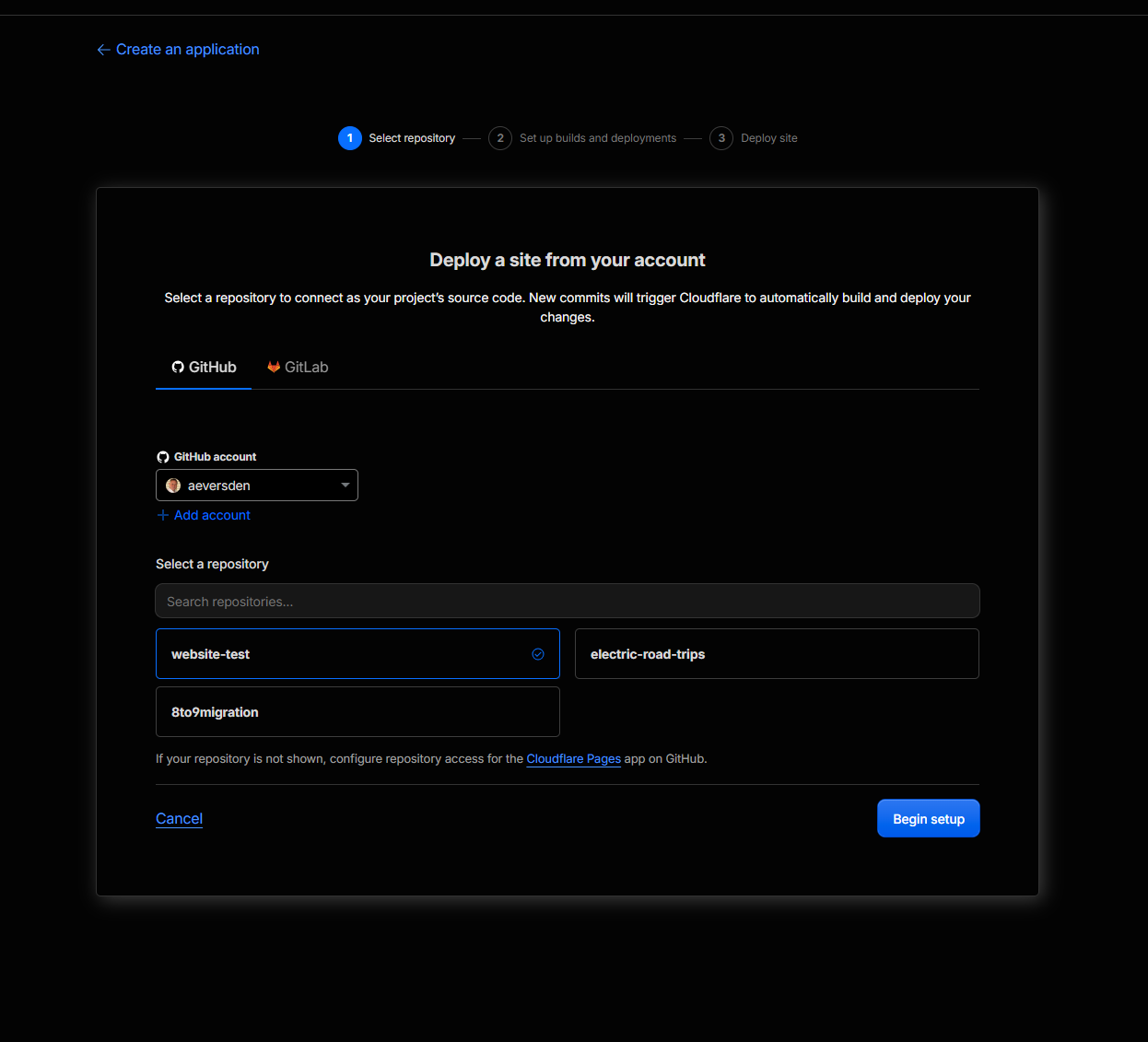 Cloudflare Pages repository selection with website-test selected
