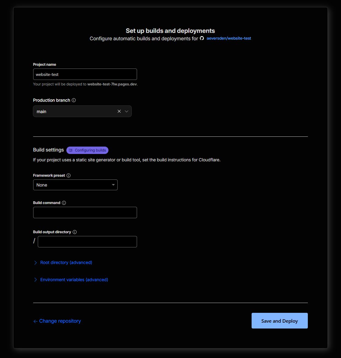 Cloudflare Pages build settings showing main, None and blank build fields before public is entered