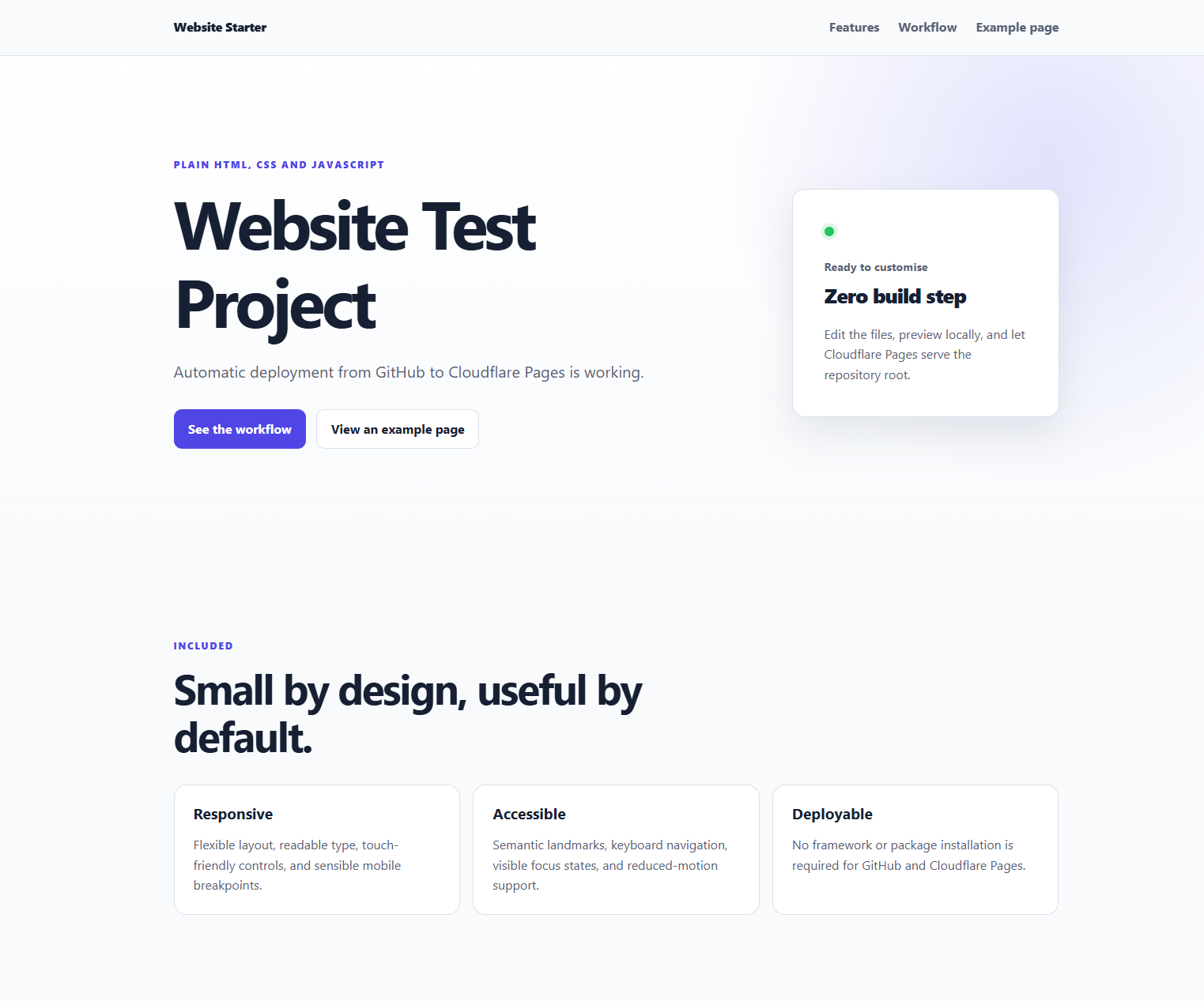 Live Website Test Project homepage confirming automatic deployment from GitHub to Cloudflare Pages
