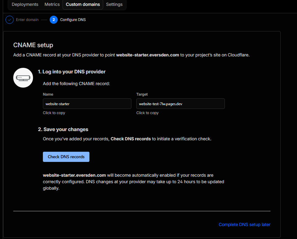 Cloudflare Pages CNAME setup for website-starter.eversden.com showing the website-starter name and website-test-7lw.pages.dev target