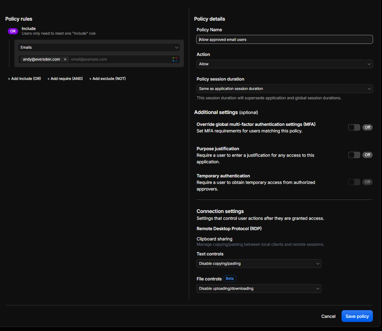 Cloudflare Access policy named Allow approved email users with Allow action, Emails selector, and andy@eversden.com