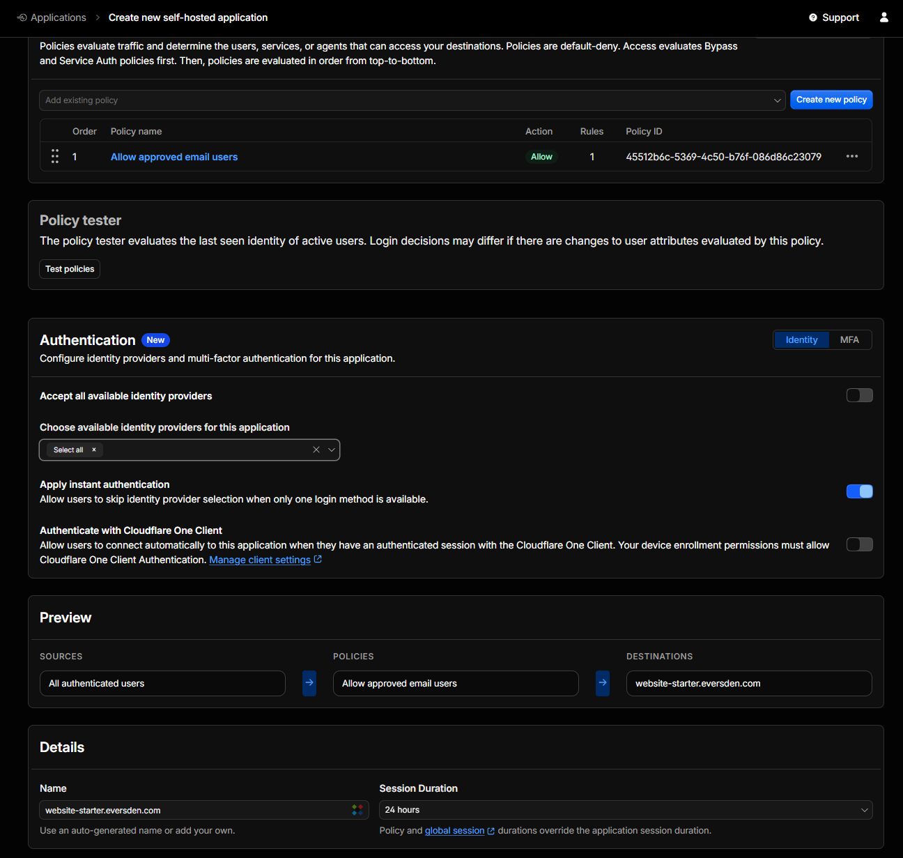 Cloudflare Access application settings showing the approved-email policy, authentication toggles, website-starter.eversden.com destination, and 24-hour session duration